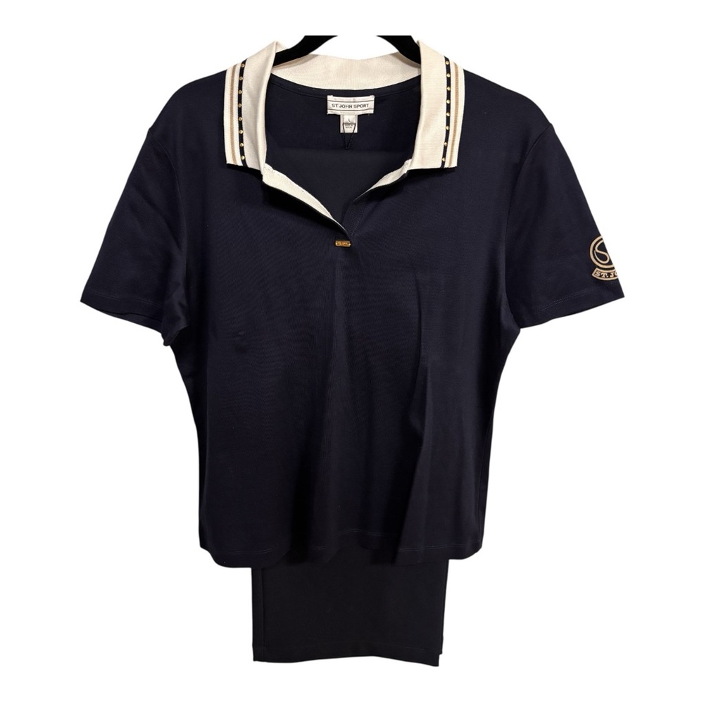 NWT 2 Pc St. John Sport Navy Polo w White Embellished Trim Collar & Pants Sz L14